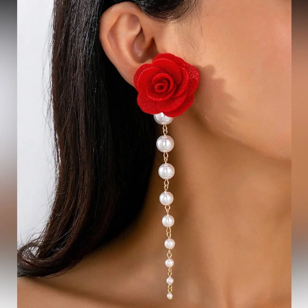 Forever Yours Red Rose Pearl Tassel Earrings NEW 🏷️